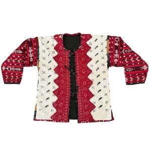 Vintage Handmade Patchwork Jacket Ikat Boho Crochet Quilted Mxed Media Artisanal